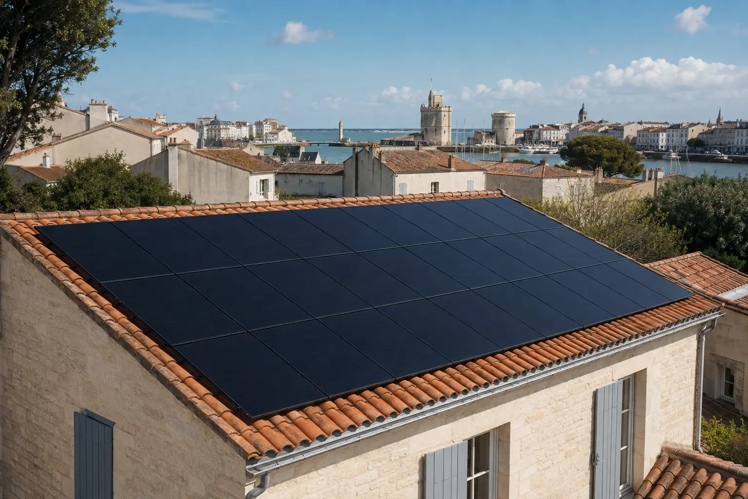 Toiture en tuiles équipée de panneaux solaires avec le Vieux-Port de La Rochelle en arrière-plan