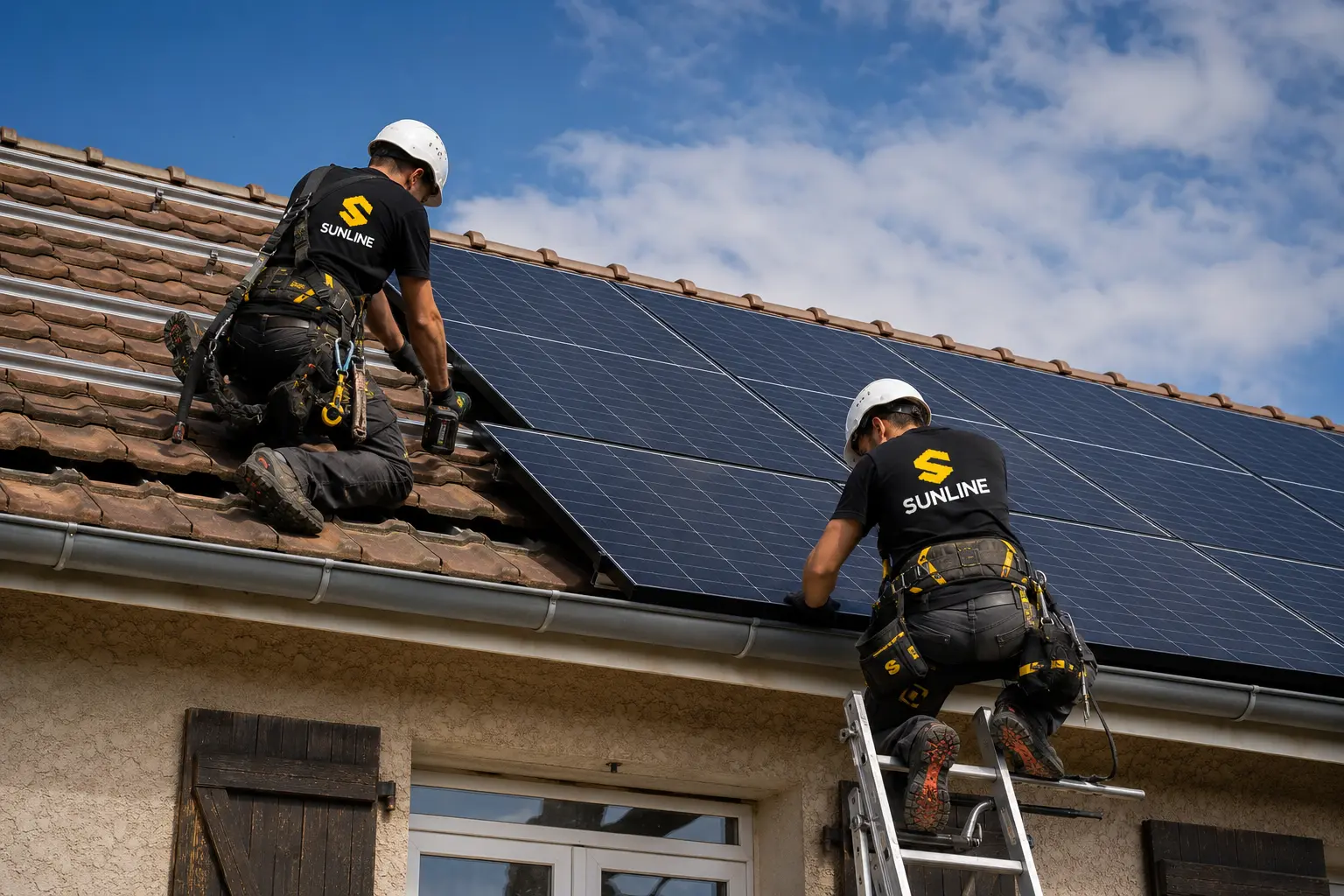 Techniciens équipés de protections antichute lors de la pose de panneaux photovoltaïques